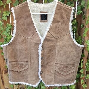 Vintage Brown Suede Vest with Shearling Lining 100% Leather W/ Designs